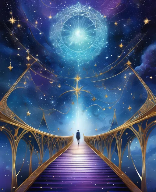 Prompt: imagine an artistic representation of a person standing on the Bifrost bridge, extending into a cosmic odyssey. The bridge adorned with intricate patterns, leading to a starlit sky. The person, wearing earthly tones, gazes up in awe. Colors: Deep blues, purples for the night sky, accented with gold and silver stars. Style: Blend realism and surrealism, using intricate linework for the bridge, and a more detailed style for the person, capturing the magical essence of their journey 