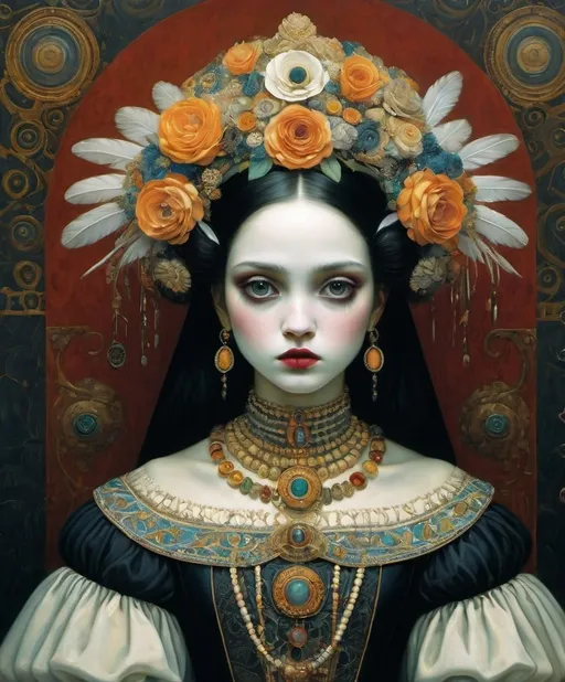 Prompt: Art by Fatima Ronquillo, Klimt, David Palumbo, Daniel Merriam, Diego Rivera, James Eads, Mothmeister, she is almost passable as human, Why don't you take off your human costume, girl?, macabre horrific, highly detailed , rich in colors