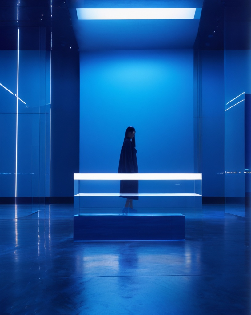 Prompt: indigo utopia. in the style of pierre huyghe, criterion collection, illuminated visions, luminous compositions, lucid atmosphere, minimalist typography, 5, uhd image, utopian vision 