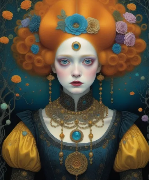 Prompt: Art by Klimt, Chris Leib, Daniel Merriam, Beth Conklin, she is almost passable as human, Why don't you take off your human costume, girl?, macabre horrific, highly detailed , rich in colors 