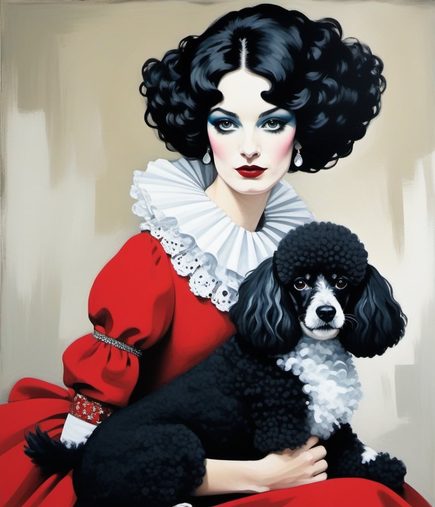 Prompt: Art by Rene Gruau, Tsumori Chisato, Clare Elsaesser, Julie Arkell, carnivalesque captures a harlequin woman, she has an extravagant choppy hairstyle with black and white streaks of hair, beautiful eyes, full lips, elegant hands, wearing a puffy off shoulder madder red dress. Her royal poodle with thick black and white curly coat poodle dog is with her. The resemblance of a dog to its owner, complicity, exaggerated facial expressions. Black, dark greens, red, saffron yellow and white.