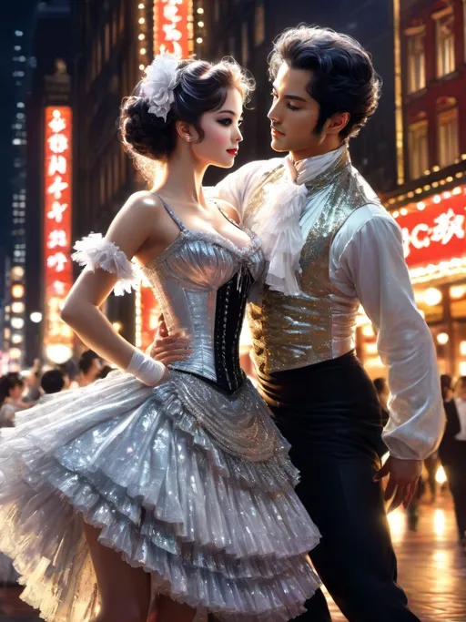 Prompt: cancan dancers at broadway in 1830, portrait, sparkle and glittery style, spot light, delicate costumes, ultra high definition, anime style by Inoue Takehiko. Extremely detailed, 3d