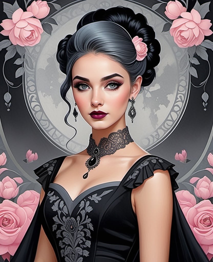 Prompt: Style of Fred Calleri, Faiza Maghni, Henry Justice Ford, Jessica Durrant, doomed and gloomy beautiful girl, ombre pink updo hair, grey colored eyes, in gothic modern black dress, beautiful, detailed floral background.