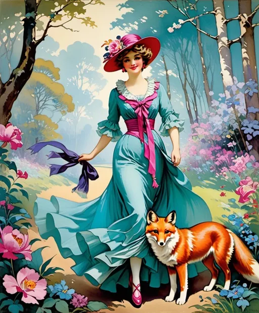 Prompt: Fanciful fearless girl Freya, festooned in florentine, fair aqua and fuchsia, she frolics with a friendly fox in a forest of fauvist flowers, style by Harrison Fisher, Frances Hodgkins, Arthur Frank Mathews, Kaffe Fassett, Frederick Catherwood