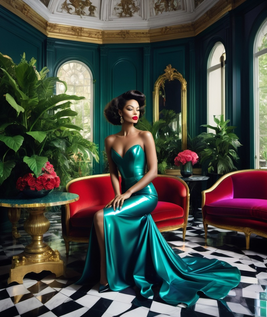 Prompt: dappled sun, shiny polished terrazzo floor, a glamorous butler in a shiny latex evening gown sitting on a colorful sofa in a stylishly decorated conservatory in Paris. She's wearing striking high heels and exudes a confident vibe. vaudeville gold gilded details I feel (I feel) indigo rose the lavender haze creepin' up on me , shimmering, photography by annie leibovitz, Ori Gherst,Animorphia - Kerby Rosanes, James christensen , 16K HD, sharp focus, attention to details Christmas A surreal modern Parisian living room, depicted in oil on canvas by slim aarons , bruce weber , lempicka Jules Bastien-Lepage, Swoon, now infused with metaphorical chicken glitch art. The room, filled with houseplants and deep-teal, dark-crimson colors, portrays an overcast Parisian atmosphere with nature details, disrupted by digital elements and abstract shapes. 1209 1212a constructivist glitch art fashion editorial Helmut newton, SLim aarons, appalachian vaporwave paris shimmering, masterpiece human bodies intertwined in a brutalist liminal space temple , in style of slim aarons, h.r. giger, escher
