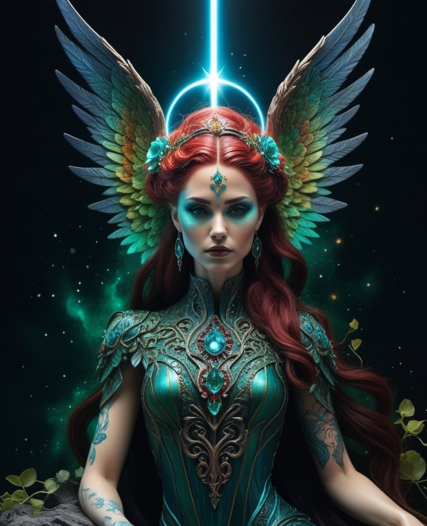 Prompt: crimson, cerulean, emerald encrusted mahogany figure sculpture depicting Emaciated Angel of Death, by Karol Bak and Filip Hodas, full-length environmental portrait, nebula solar flare dryad Haley Reinhart, colorful makeup + tattoos, photorealistic, full-length environmental portrait, 105mm, ultra-detailed, fine details, sci fi, nebula background, Agnes Cecile