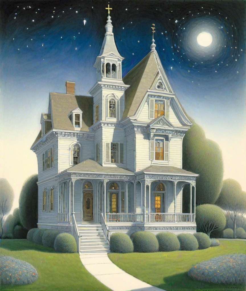 Prompt: Drawing of a spiritual home when love lives there. Whimsical style, Charles Addams, Alex Alemany, Klimt 