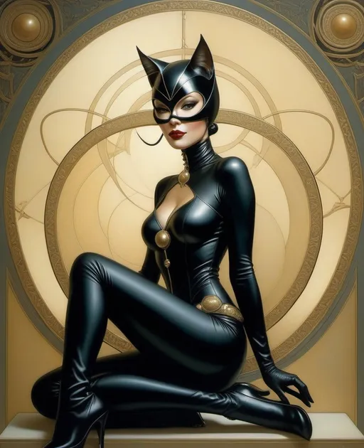 Prompt: Beautiful interdimensional Catwoman, Michael Parkes, Aries Moross style 