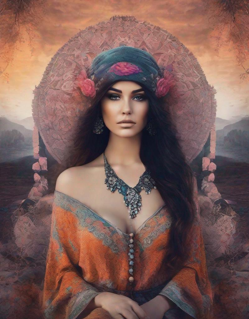 Prompt: This lonely beautiful lady, She remains an intricate tapestry of unanswered questions and tantalizing mysteries art by Daria Endresen, Lalla Essaydi, Pierre et Gilles, Elger Esser, Rimel Neffati. Warm tone pallet colors, 3d, watercolors and ink, beautiful, fantastic view, extremely detailed, intricate, best quality, highest definition