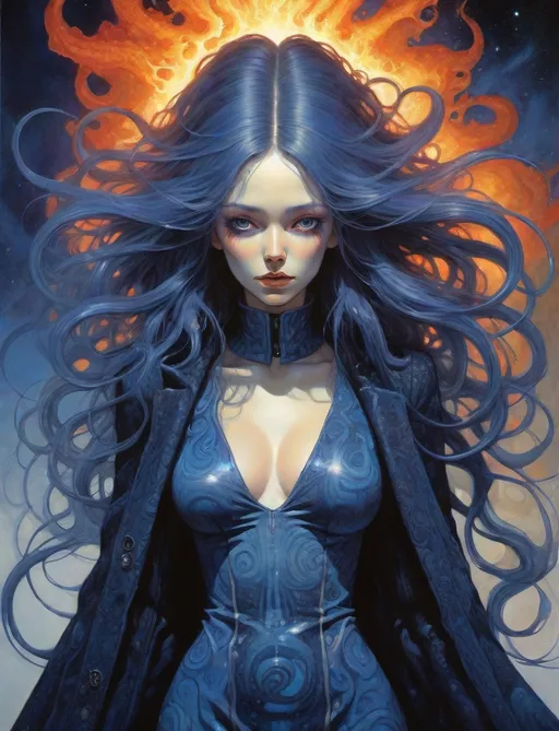 Prompt: A terrible and beautiful perfect lady with hair and eyes on fire and dressed in a tight space squid indigo dress and a stargazing hallucinatory coat, gorgeous body, detailed face, full body view, HD, neo fauvist art by Jean Baptiste Monge, Druillet, Takashi Murakami, Moebius, Yoh Nagao, lisa frank, roberto ferri, boris Vallejo 