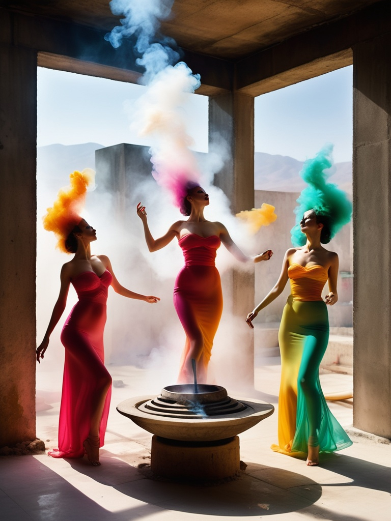 Prompt: in style of Helmut Newton: Dancing priestesses, in a brutalist liminal space, swinging a large steaming incense burner. Arabicpunk colorful translucent brutalist liminal space 