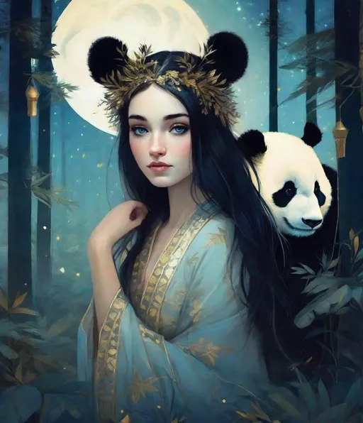 Prompt: panda girl, pretty, very long hair, half white half black hair, crescent moon, night time, forest, Dana Trippe, Meredith Marsone, Rebecca Sugar, Cathy Locke, panda ears, bambu, blue and gold background, dreamy, magical, beautiful, fantasy.