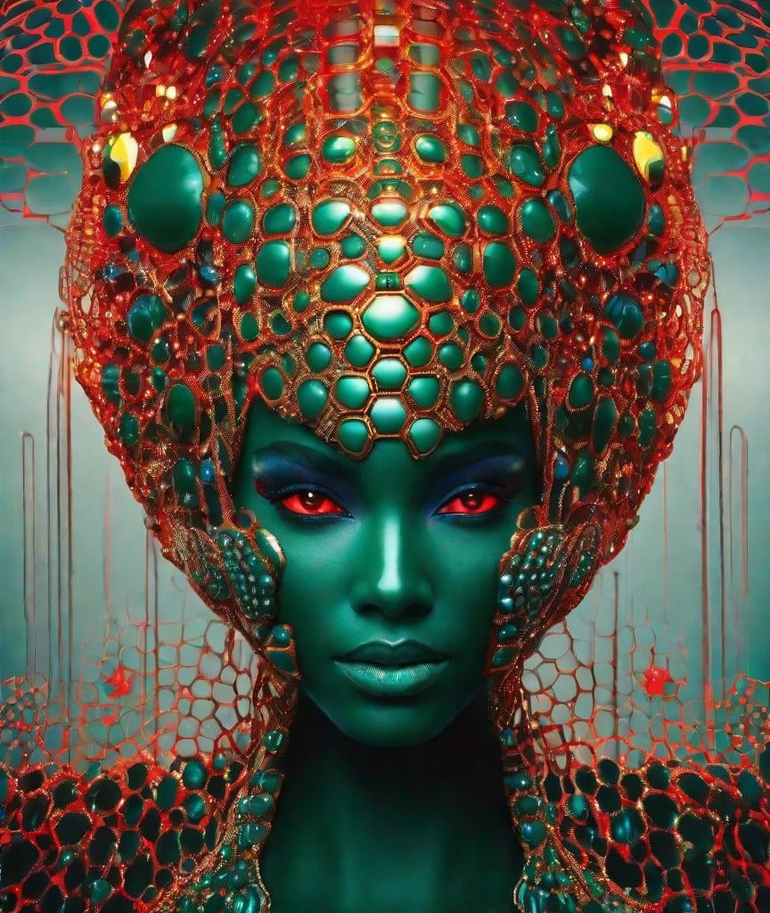 Prompt: trypophobic Bioluminescent surreal futuristic cybernetic neonwired alien fashion inspired by spiral galaxy, boba tea honeycomb, fancy darkgreen golden complementary, red, vantablack, dramatic evocative close-up wild smiling portrait, duotone, photographed by Richard Avedon, Amy Judd, designed by HR Giger, Gareth Pugh, Tsutomu Nihei 