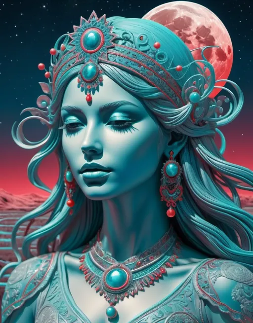 Prompt: Anaglyph, Beautiful moonlight goddess, she is all that, surreal dream. Extremely detailed, intricate, beautiful, high definition 
