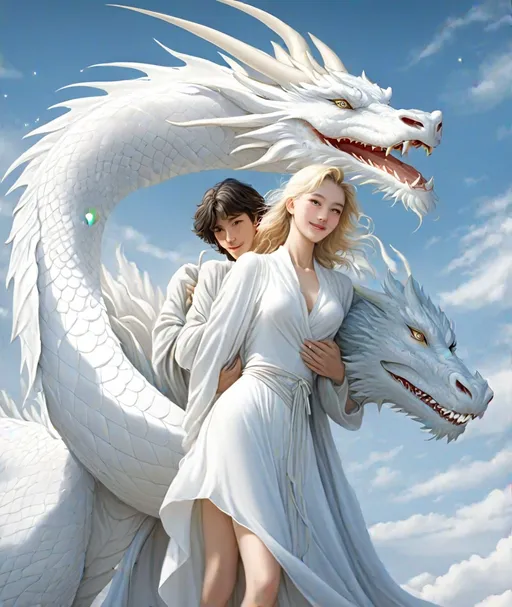 Prompt: Sophie Delaporte, Judith Desrosiers,  full body shot, white dragon's body wrapped around the woman, a friendly, smiling scene, A white dragon with gentle, lovely eyes and a young woman in her early twenties, she has sparkling smile, 