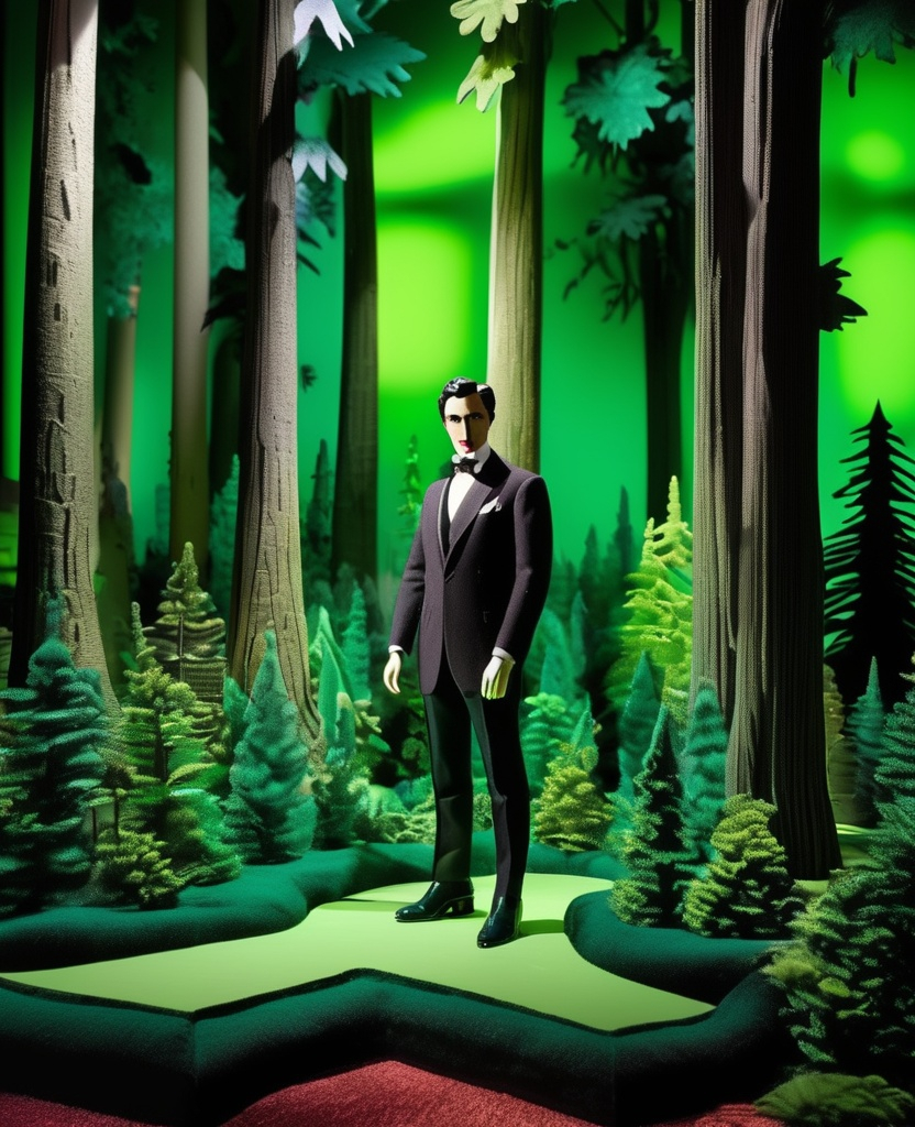 Prompt: nicola tesla and the acid carboniferous forest in fornasetti style, by laurie simmons 