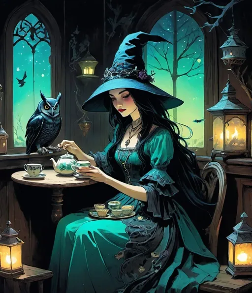 Prompt: A beautiful witch sitting having glowing magical tea, in the style of whimsical dreamscapes, pastels colorful glowing clothes, owls and crows, Ryan Sook, Sergio Toppi, Masaaki Sasamoto, Daniel Merriam, James Eads, Mothmeister,  i can't believe how beautiful this is, haunted lively tavern scenes,