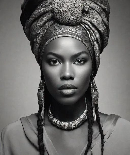 Prompt: Create a chalcedony portrait of a woman with striking facial features, wearing an elaborate headwrap. The headwrap is intricately tied, with folds and a large knot off to the side. The woman's gaze is directed slightly upwards, and her eyes are captivating, with a strong intensity. Her skin is smooth with a few natural freckles, and her lips are full. The lighting of the portrait should be soft, highlighting the texture of the fabric and the contours of her face. The image should evoke a sense of elegance and quiet confidence, with a timeless quality that could transcend the era it depicts.as real person::6 , photorealistic::4 , phot taken by canon d750, hyperrealistic, with a natural skin::4 Laser Etched Alien Hieroglyphics Message American Gothic painting by Grant Wood, the couple is looking at their iphones
