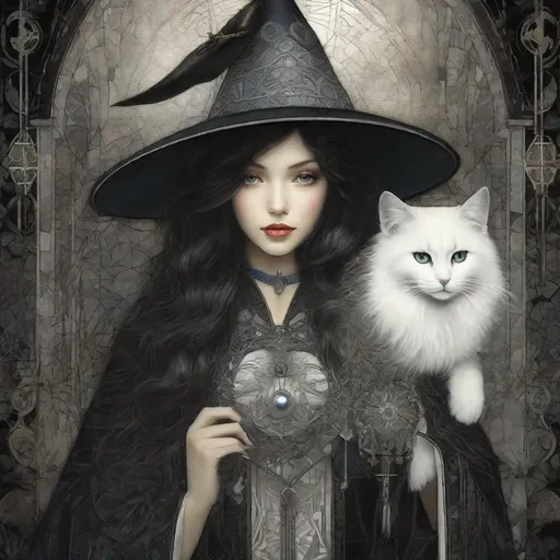 Prompt: A beautiful girl witch and her fluffy Blackand white magical cat art style by Leiji Matsumoto, Marianne Stokes, endre penovac, catrin welz Stein, Mondrian, James jean. High quality, highly detailed, intricate details.dynamic lighting award winning fantastic view ultra detailed high definition hdr focused glow shimmer