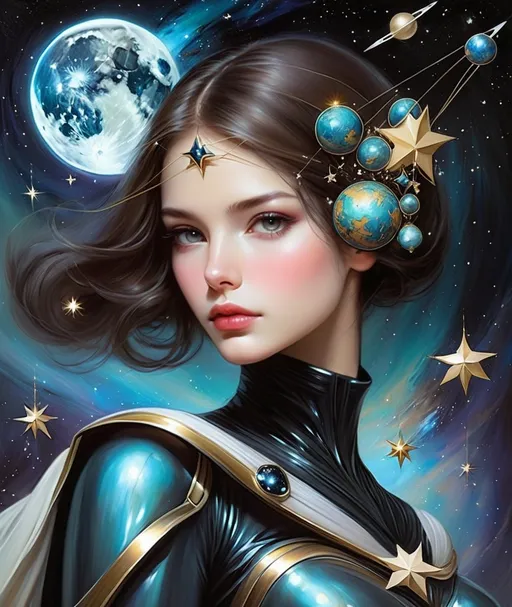 Prompt: Very beautiful Alien woman holding space debris and stars, Dorina Costras, Sandra Chevrier, Whimsical style, 