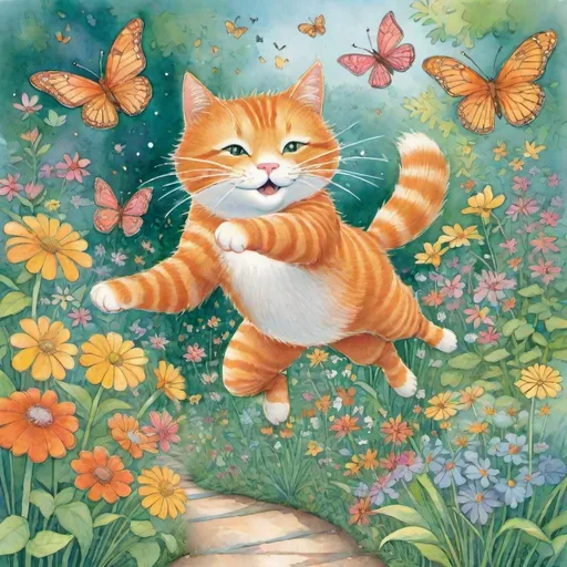 Prompt: A ginger cat doing an acrobatic jump trying to catch a butterfly in a whimsical garden art by Nick Anderson, Laurel Burch, Tomie dePaola, Jan Brett, Isabelle Arsenault