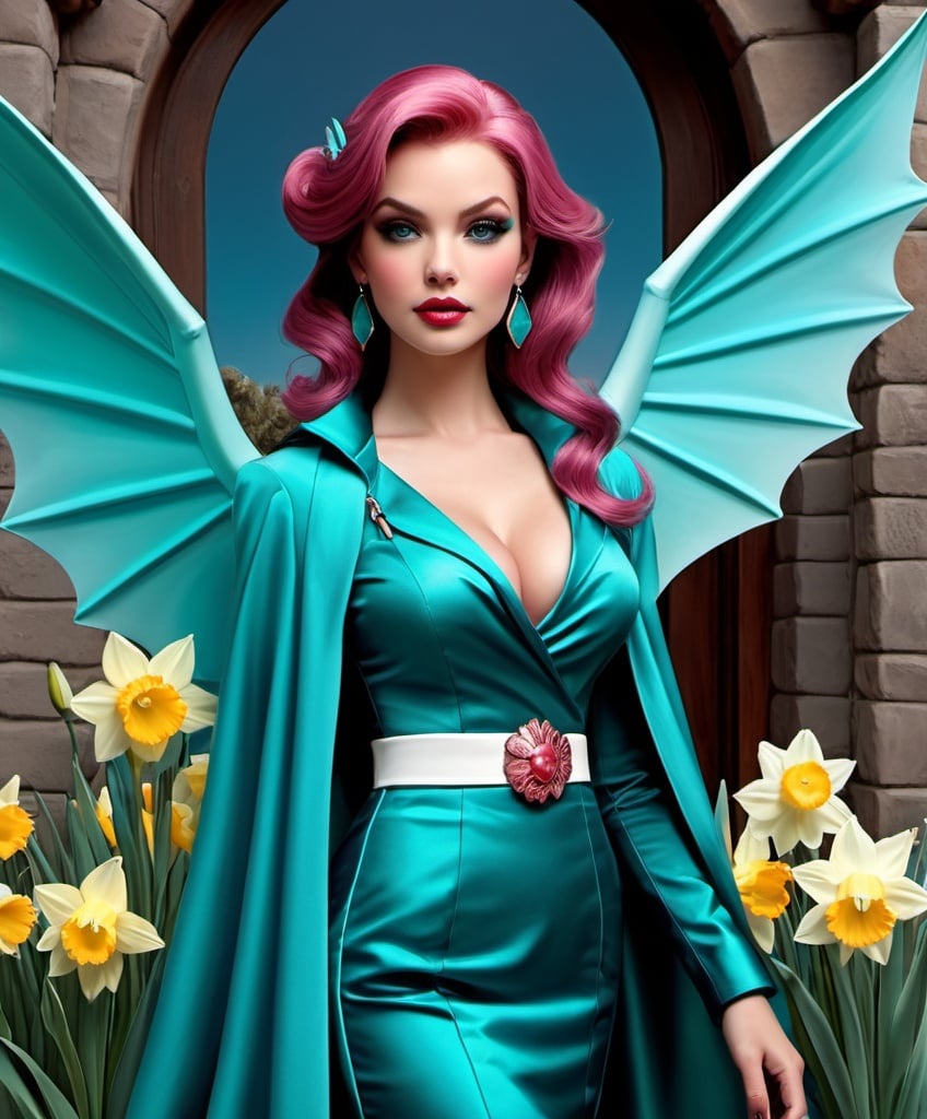 Prompt: Darling dazzling Diane, a deep dark daydreamer girl, defender of destiny daffodil dragon, dull turquoise, dusty rose, Deep teal, style by Daarken, David Bowers, Danny O'Connor, Dean Crouser, David Salle, David Rees