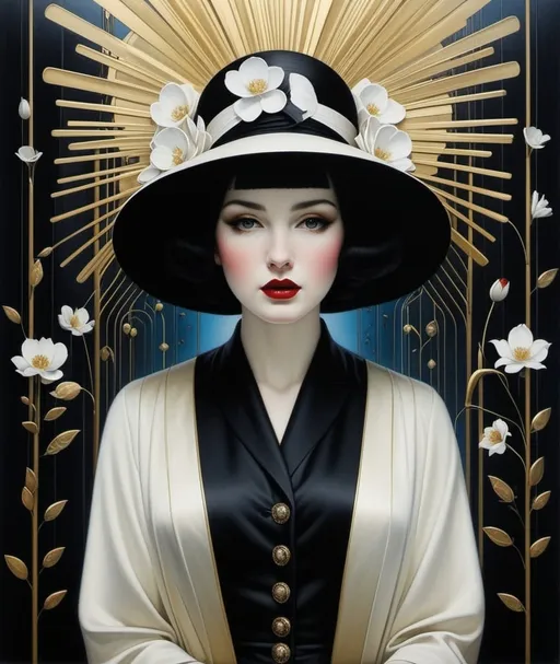Prompt: (John Larriva, Brad Kunkle, Vik Muniz, Beth Conklin, Peter Max, Margaret Macdonald Mackintosh, Ray Caesar, Philip Taaffe, Gustav-Adolf Mossa)) she lost her desire to live, only surviving each day like a heavy burden in a shallow world, numbing herself with silly distractions 