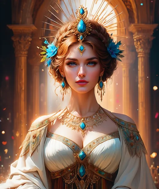 Prompt: photo-realistic, hyper-realistic, in the style of Marc Simonetti, Carne Griffiths, Conrad Roset, the young and stunningly beautiful byzantine greek irene angelina, queen consort of germany, time travels from the 12th century to take center stage in a vaudeville production, wearing her beautiful robes and jewels, 8k 