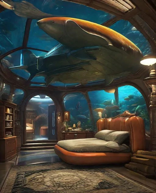 Prompt: Captain Nemo living out his final years, Captain Nemo cozy and warm in his bed, restort world for galactic travelers, a family in a cozy hardened submersed home that is capable of flight, safari oasis in a carboniferous forest, photorealism, extremely long shot from a distance, extremely heavy atmospherics and moody lighting, parallax, rim lighting, 3 point lighting, volumetric fx, subsurface scattering, raytracing, specularity and depth, imax quality visuals, ilm, weta digital, multi-sample antialiasing, 32k uhd 