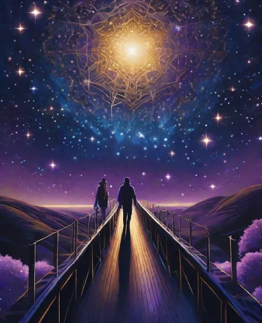 Prompt: imagine an artistic representation of a person standing on the Bifrost bridge, extending into a cosmic odyssey. The bridge adorned with intricate patterns, leading to a starlit sky. The person, wearing earthly tones, gazes up in awe. Colors: Deep blues, purples for the night sky, accented with gold and silver stars. Style: Blend realism and surrealism, using intricate linework for the bridge, and a more detailed style for the person, capturing the magical essence of their journey 