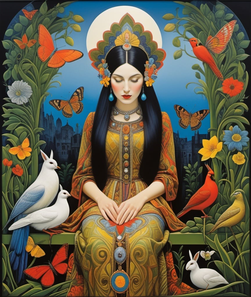 Prompt: She is more than what she became, she desires to seek something beyond  this wasteful life of duty, don't be afraid, fulfill your potential of good and beauty, Agnieszka Lorek, Richard Lindner, Adi Granov, Graham Sutherland, Howard Arkley, Philip Taaffe, Morris Hirshfield, John Anster Fitzgerald