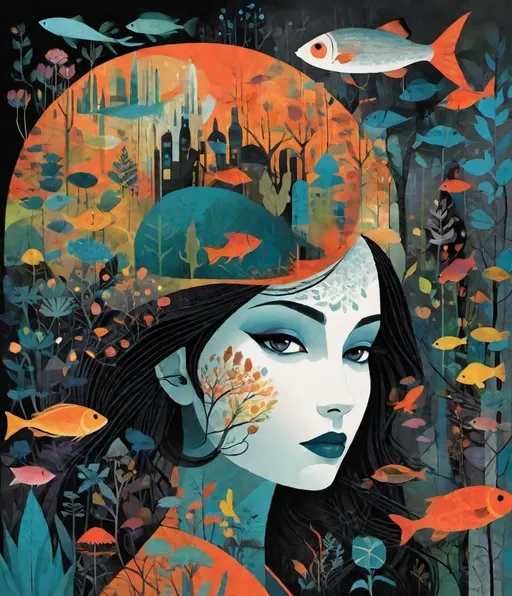Prompt: What lies beneath my scarry thoughs, the insecurities obscured by the beautiful face, the beauty varnish that others see and it's not all, art by Javier Mariscal, Keith Negley