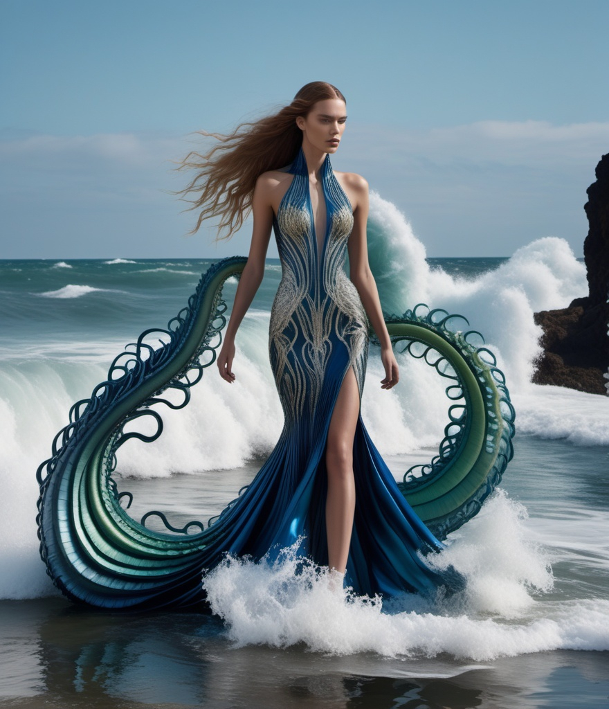 Prompt: Haute couture fashion shoot: beautiful models: elegant colors: mixing design styles from Alexandre Vauthier: Iris Van Herpen: Namilia Berlin: Zuhair Murad: kracken, tentacles reaching out crashing waves, laser etched. UHD, 4K, Hyper Details.