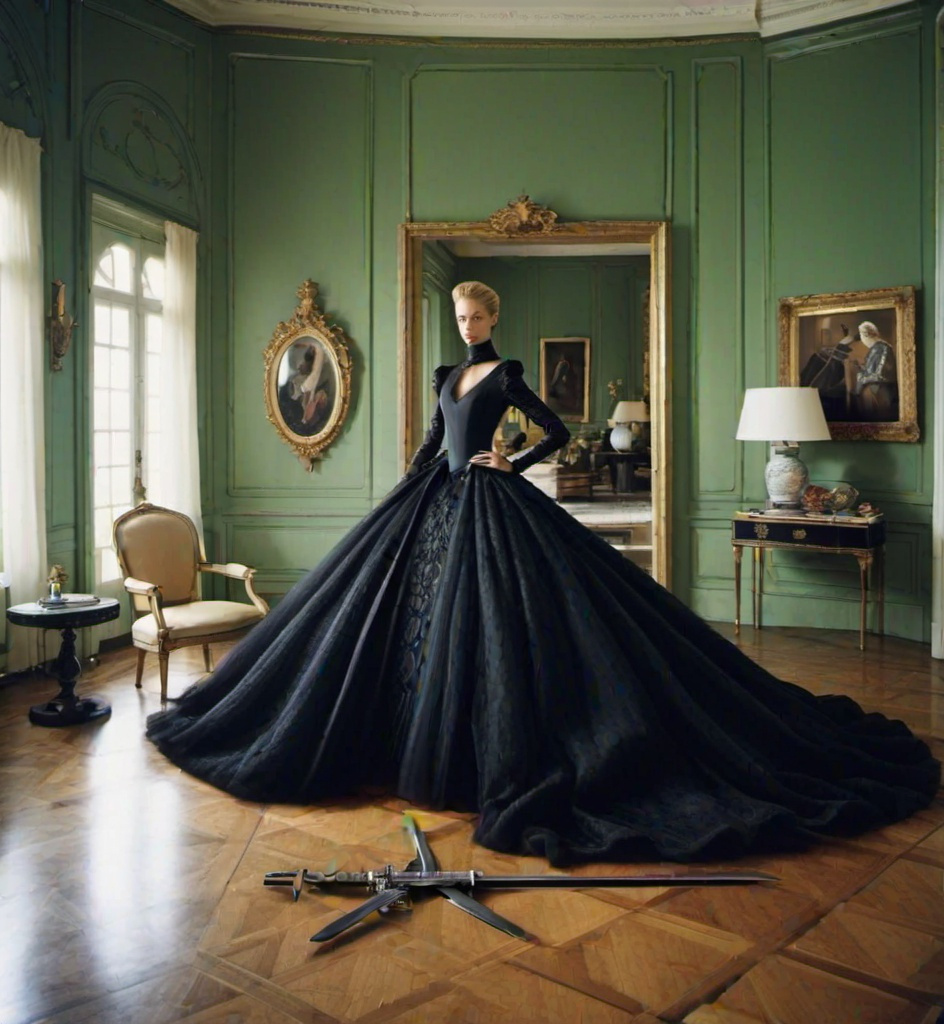 Prompt: fashion photography of glamorous supermodel , young and beautiful , sword fighting , drone view shoot, floor plan, photographed by Slim aarons, Helmut newton, Romina ressia, Ori Gherst, H.r. Giger. , nate berkus interior 