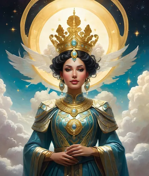 Prompt: The queen of of the world and universe of love, extremely detailed beautiful face, glowing thundereyes, Peter Mohrbacher, tom bagshaw, Rachel Maclean, Refik Anadol, floating on a cloud, surrounded by peace and light, toga armor of gold, decked in infinite magic