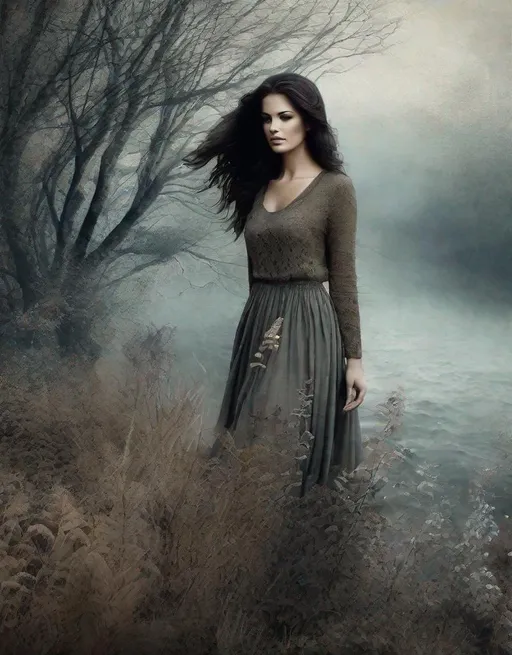 Prompt: This lonely beautiful lady, She remains an intricate tapestry of unanswered questions and tantalizing mysteries art by Daria Endresen, Lalla Essaydi, Chris Friel, Elger Esser, Rimel Neffati. Earth tone pallet colors, 3d, watercolors and ink, beautiful, fantastic view, extremely detailed, intricate, best quality, highest definition