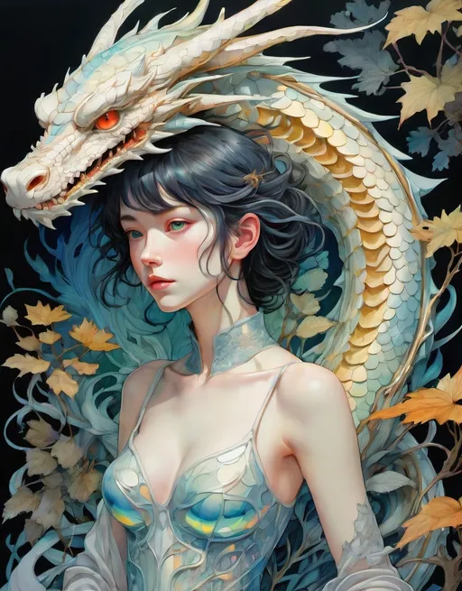 Prompt: the cheshire princess has found her joy: she has a mythical dragon protector. Whimsical Forest background. Android Jones, James Jean, takato yamamoto, Arthur Rackham. watercolor, volumetric lighting, maximalist, concept art, intricately detailed, elegant, expansive, 32k, fantastical, golden ratio principles, haunted, glass sculpture, honeycomb patterns, art by makoto shinkai, conrad roset. 3d, iridescent watercolors ink, polished finish, gradient chrome colors.