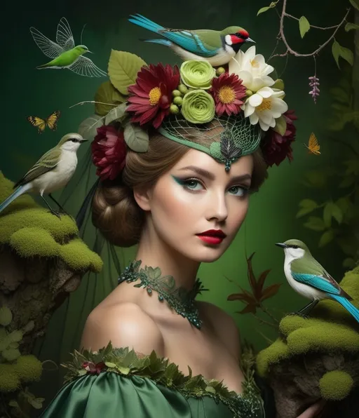 Prompt: a model with bird in head, with flowers on her face, in the style of chiaroscuro portraitures, light green and dark crimson, constructed photography, birds & flowers, realistic depictions, girl with flowers and leaves on her head and insects and dragonflies and moss and birds and netting and lots of netting and bows, creativity, boldness, birdsong and flowers, half photo, stylized photography,elaborate costumes, surrealistic dreamlike scenes 