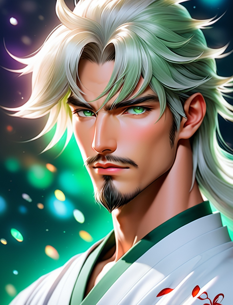 Prompt: sesshoumaru as a realistic very handsome man, light green eyes. Photorealistic Art by artgerm and Daniel gerhartz, josef kote, Tom Bagshaw, Vincent Van Gogh, Luis Ricardo Falero, artgerm , Katsushika Hokusai, artstation's huang guangjian, gil elvgren, sachin teng, Viktoria Gavrilenko. Iridescent glow, 3d. Photorealistic, 3d, extremely detailed