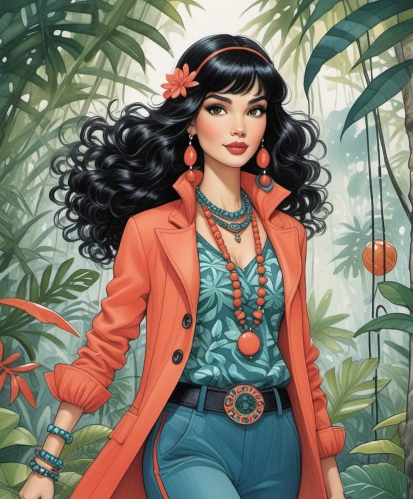 Prompt: By Judith Clay, Joe Heller, Julie Arkell, Henry Justice Ford: Jolly beautiful Justine, jade eyes, jet black hair, jaz age coral long jacket, jasper blue, full of jewelry, jogging in the Juicy jungle, 