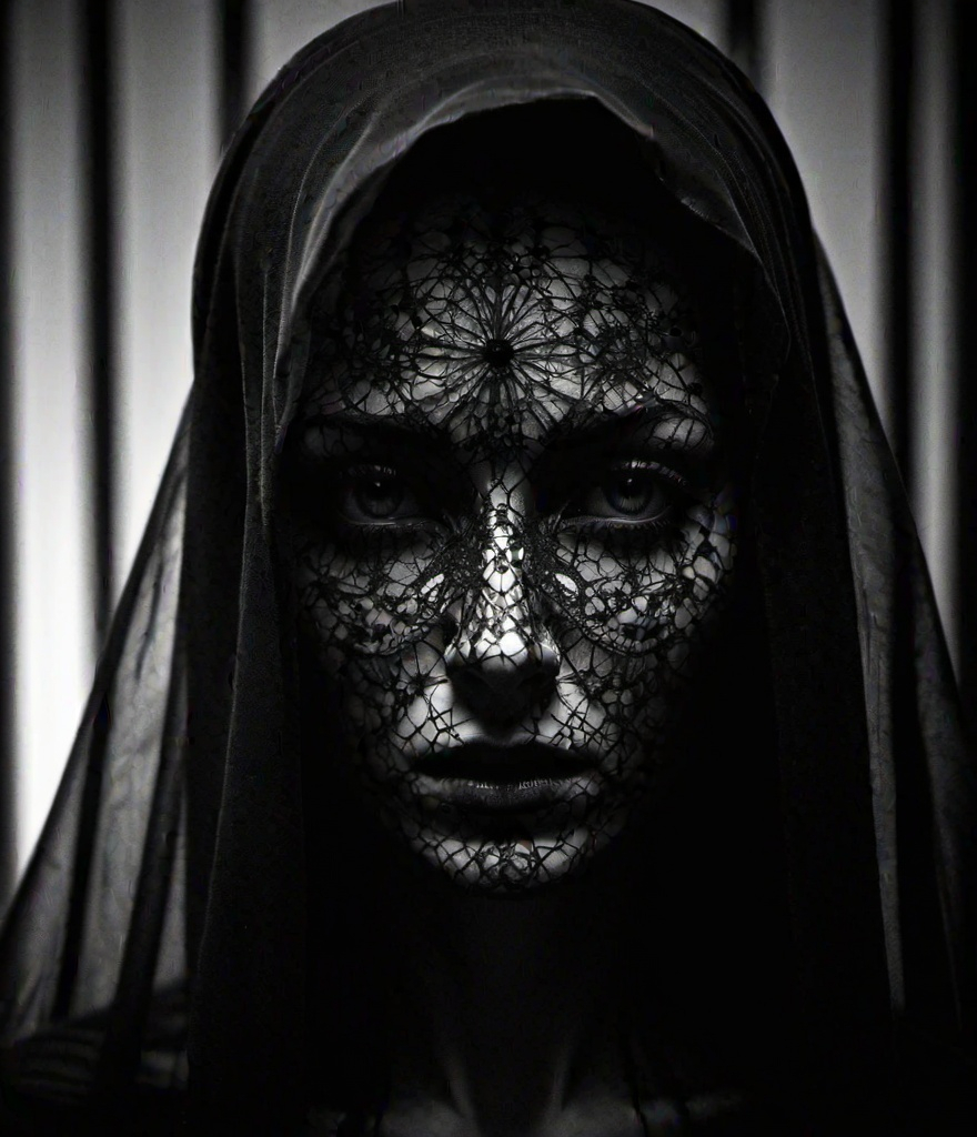 Prompt: when she stared in the mirror she could see the shadows of the veil spirits coming out of the mirror, it was her bad conscience, her dark secret that she was able to hide well all these years, dark and evil veil creatures,photonegative refractograph, closeup 