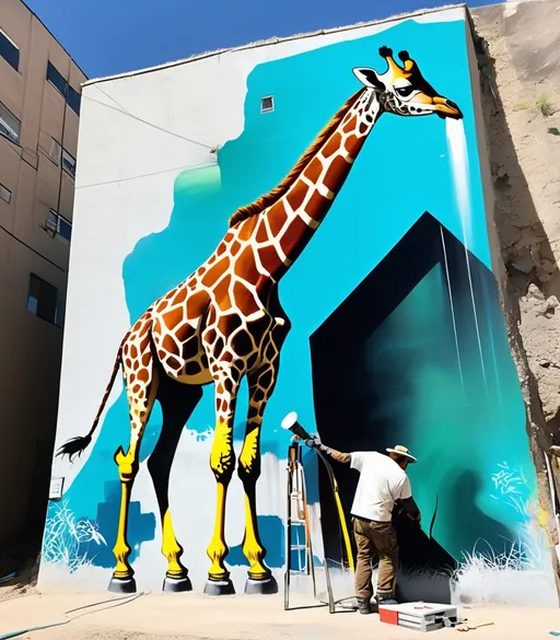 Prompt: art of a graffiti giraffe artist actively spray painting a mural out in the middle of nowhere. the giraffe is spray painting the wall of chine. coquette colors, illustration, ground level perspective, wild unique perspective of the future, Mixing surreal modernism and greek realist figurative art, with a sci fi modernist twist. 