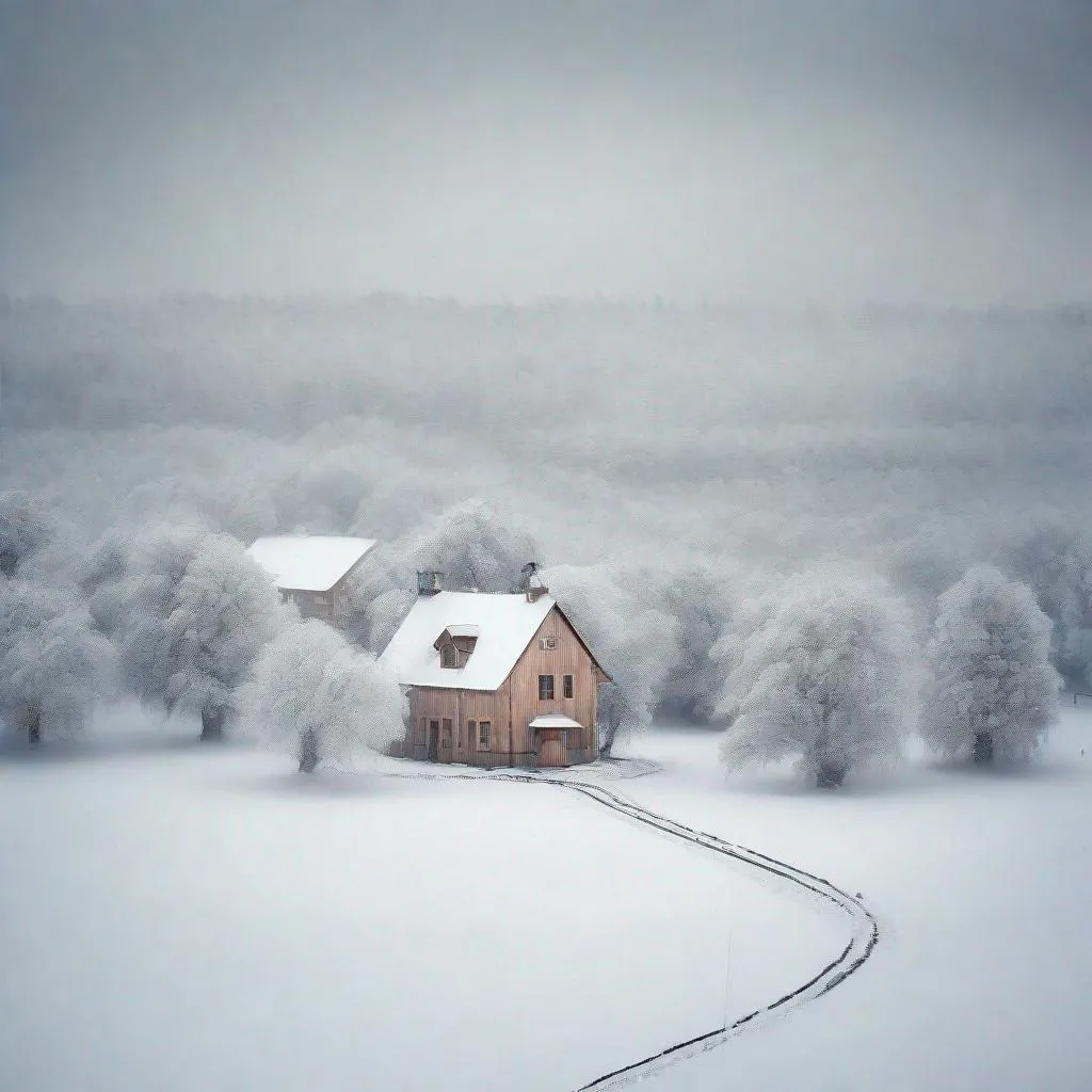Prompt: Winter landscape, snow blizzard, an isolated village, trees covered with snow, a sense of peace, tranquility and a haunted beauty In style of Akos Major, Carsten Meyerdierks, Lee Madgwick. 
elegant intricate beautiful award winning fantastic view ultra detailed, high definition 