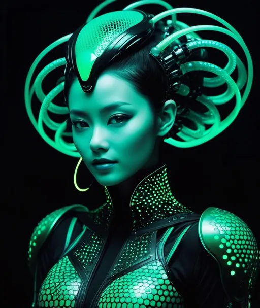 Prompt: trypophobic Bioluminescent surreal futuristic cybernetic neonwired alien fashion inspired by spiral galaxy, boba tea honeycomb, fancy darkgreen golden complementary, red, vantablack, dramatic evocative close-up wild smiling portrait, duotone, photographed by Richard Avedon, Amy Judd, designed by HR Giger, Gareth Pugh, Tsutomu Nihei 