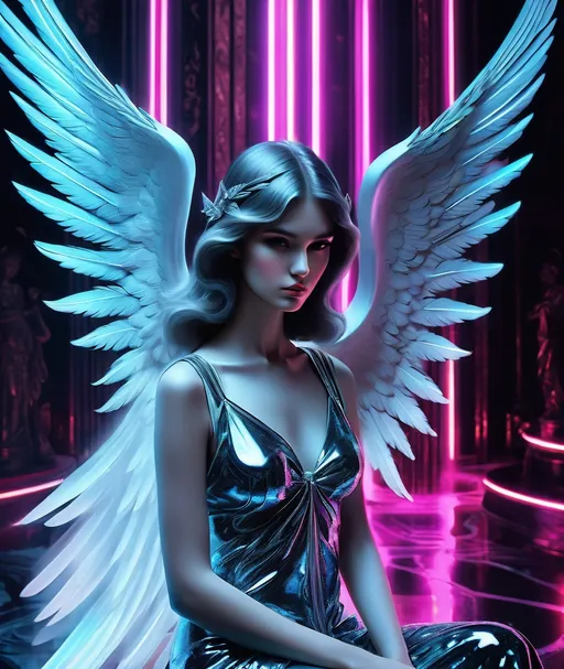 Prompt: in style of Helmut Newton: Neo-Fauvist Bento angel wallpaper, angel wallpapers and angelic pictures, angelic images, angelic pics and angelic images, in the style of cyberpunk realism, rendered in cinema4d, social media portraiture, gothic pop surrealism, portraits with soft lighting, retouching, dreamscape portraiture Bento Blacklight Neon Tarot card full art 