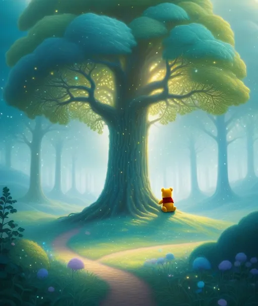 Prompt: Chalcedony a captivating moment from A.A. Milne's "Winnie-the-Pooh," as Pooh and his friends embark on an adventure in the Hundred Acre Wood, surrounded by chalcedony trees and enchanting details. Merge this artwork with a pointillism art technique and prism photography, evoking a sense of wonder and nostalgia.
