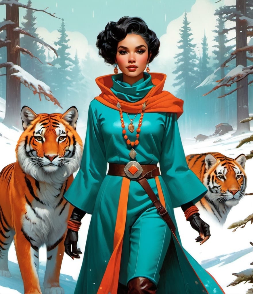 Prompt: Art by Tom Lovell, Thomas Dodd, Tom bagshaw, Sachin Teng, Dana Trippe;Talia, wearing a tangerine and turquoise winter tunic, the talented troubadour, trekked through the tundra with her tenacious tiger companion. 