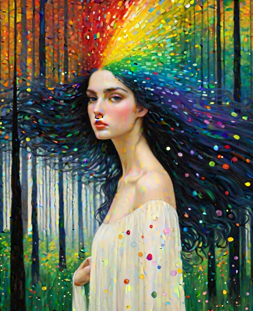 Prompt: The beautiful young lady, She comes in colors everywhere She combs her hair She's like a rainbow Coming, colors in the air Oh, everywhere She comes in colors, Gustav Klimt, Carboniferous Forest