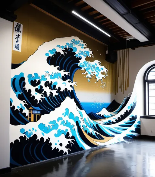 Prompt: giant Hokusai wave graffiti overflowing the walls becoming real water