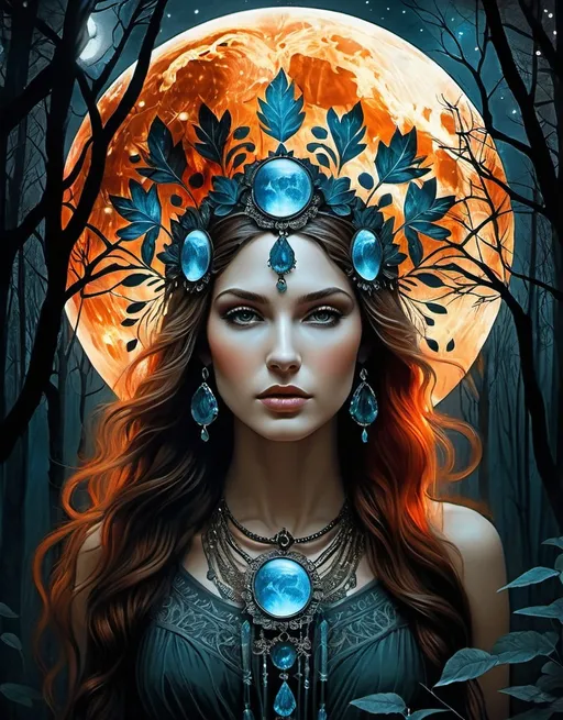 Prompt: Beautiful fire moonlight forest goddess , style by Beth Conklin, Aleksi Briclot, surreal dream. Extremely detailed, intricate, beautiful, high definition 